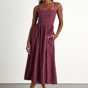 Lulus Feeling The Best Plum Striped Tie-back Midi Dress With Pockets Purple